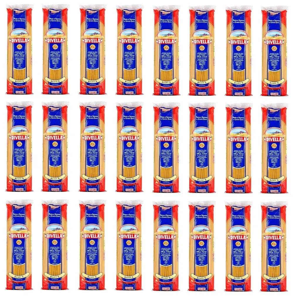 Divella Bucatini No. 6 Pasta | 12 Packs x 500g | 100% Italian Durum Wheat Semolina | Thick Long Pasta with Hollow Center | Cooks in 7 Minutes | Ideal for Amatriciana & Rich Sauces