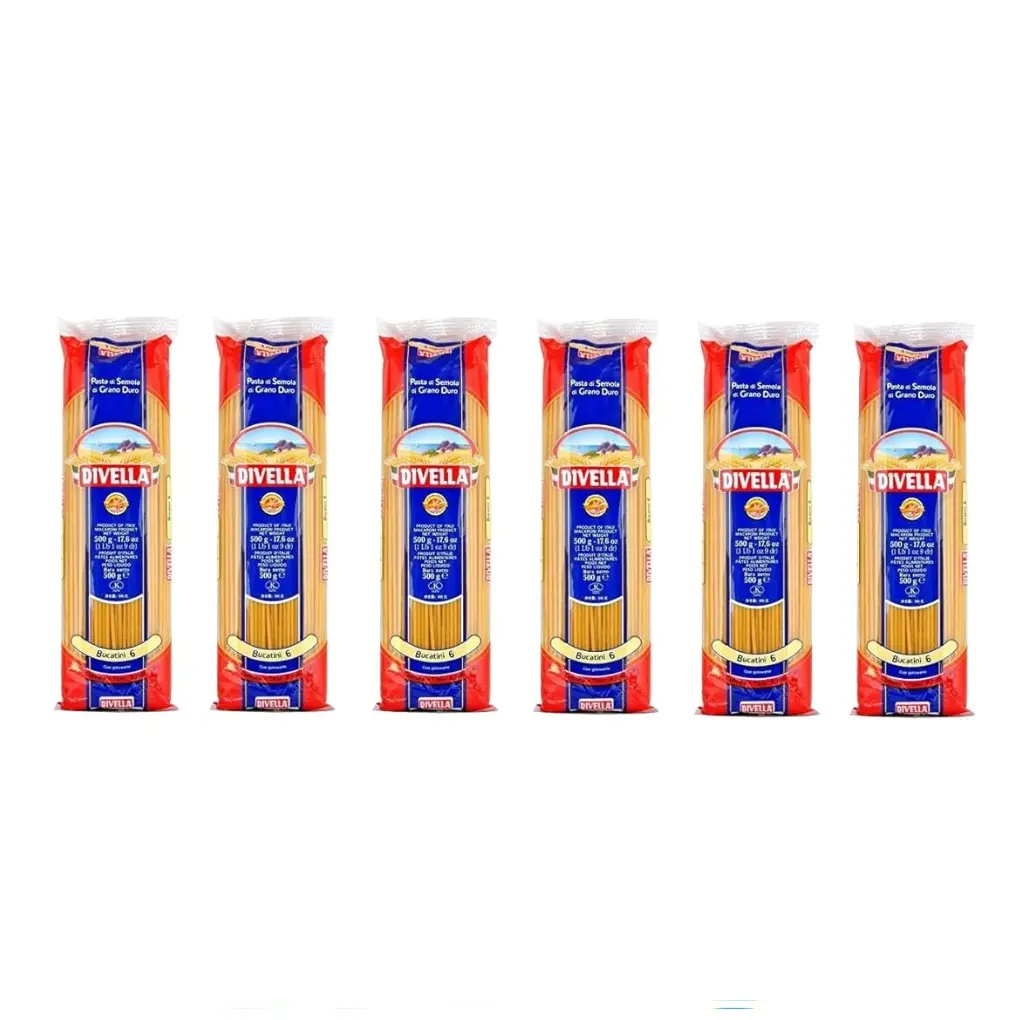 Divella Bucatini No. 6 Pasta | 6 Packs x 500g | 100% Italian Durum Wheat Semolina | Thick Long Pasta with Hollow Center | Cooks in 7 Minutes | Ideal for Amatriciana & Rich Sauces