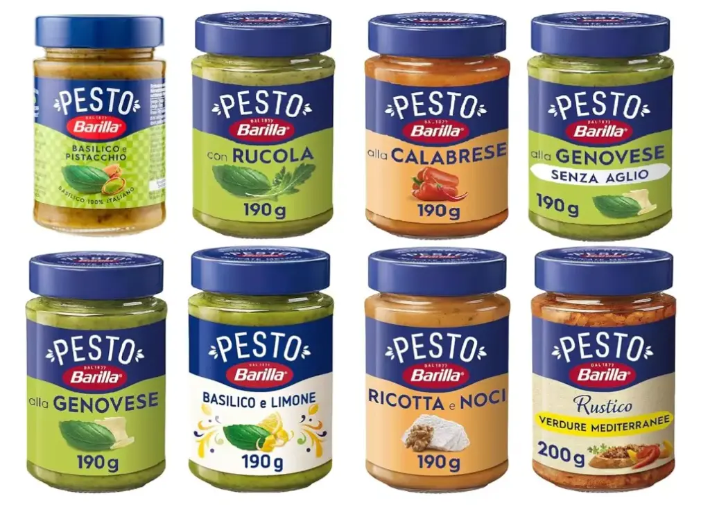 Barilla Pesto Sauce Variety Pack, 8 x 190g Jars – Genovese, Garlic-Free, Rustic Mediterranean, Calabrese, Arugula, Basil & Lemon, Ricotta & Walnuts, Basil & Pistachio