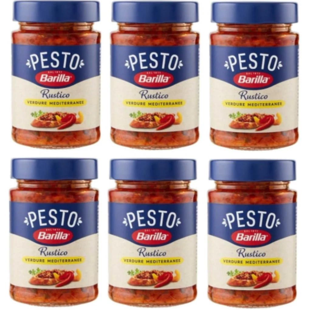 Barilla Rustic Pesto Mediterranean Vegetable Sauce, 6 x 200g Jars – Ready-to-Use Spice and Pasta Sauce, Authentic Italian Pesto with Mediterranean Vegetables
