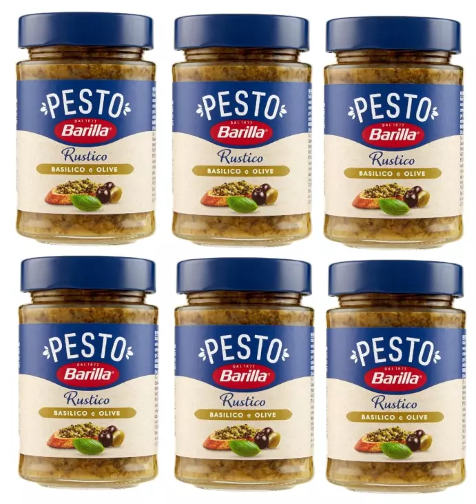 Barilla Pesto Pasta Sauce with Basil and Olives, with Olive Pieces, Pack of 6 x 200g Jars – Ready-to-Use Italian Pesto Sauce with Fresh Basil and Chunky Olive Pieces