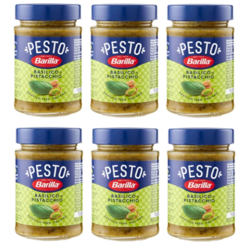 Barilla Pesto with Basil and Pistachios, 6 x 190g Jars – Italian Pasta Sauce with Ingredients from Sustainable Agriculture, Ready-to-Use, Creamy and Nutty Flavour