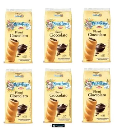 6 Confezioni Mulino Bianco Flauti al Cioccolato - Merendine Soffici Ripiene di Crema al Cioccolato, 8 Pezzi per Confezione, Snack Dolce Italiano