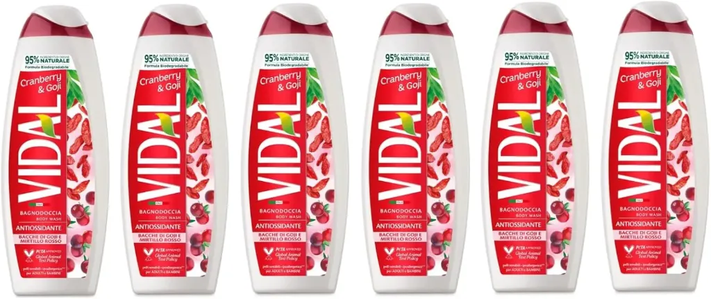 Confezione da 6 detergenti per il corpo Vidal Bagnodoccia, gel doccia Bacche di Goji e Mirtillo Rosso, schiuma doccia con bacche di Goji e mirtillo, 500 ml