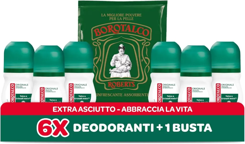 Borotalco, Deodorante Roll On Originale e Talco Assoluto in Polvere, Formula Senza Alcool, Assorbe il Sudore, Profumo Borotalco, 72h di Efficacia - 6 Flaconi da 50 ml