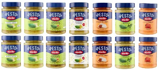 Barilla Test Pack Pesto Spice and Pasta Sauce – 7 Different Flavours, 14 x 190g Jars – Basil & Pistachio, Arugula, Calabrese, Garlic-Free Genovese, Genovese, Basil & Lemon, Ricotta & Walnuts