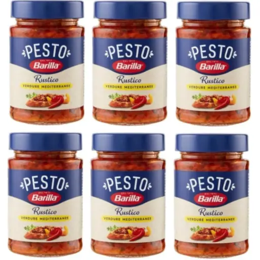 Barilla Rustic Pesto Mediterranean Vegetable Sauce, 6 x 200g Jars – Ready-to-Use Spice and Pasta Sauce, Authentic Italian Pesto with Mediterranean Vegetables