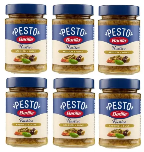Barilla Pesto Pasta Sauce with Basil and Olives, with Olive Pieces, Pack of 6 x 200g Jars – Ready-to-Use Italian Pesto Sauce with Fresh Basil and Chunky Olive Pieces