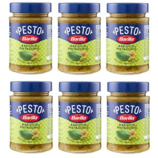 Barilla Pesto with Basil and Pistachios, 6 x 190g Jars – Italian Pasta Sauce with Ingredients from Sustainable Agriculture, Ready-to-Use, Creamy and Nutty Flavour