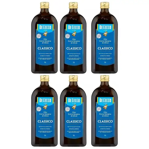 De Cecco Classico Extra Virgin Olive Oil, 6 x 1L Bottles – Cold Extracted Italian EVOO, Smooth and Balanced Flavour, Ideal for Cooking and Seasoning