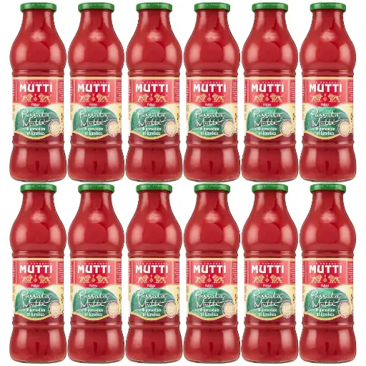 Mutti Passierte Tomaten mit Basilikum – 100 % Italienische Tomaten – Tomatensauce im Glas – 12 x 700g