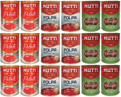 MUTTI Paket - Pomodorini Ciliegini / Kirschtomaten (6 x 400g) + Pomodori Pelati / Schältomaten (6 x 400g) + Polpa/Feinstes Tomatenfleisch (6 x 400g)