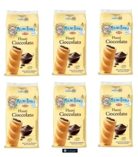 6 Confezioni Mulino Bianco Flauti al Cioccolato - Merendine Soffici Ripiene di Crema al Cioccolato, 8 Pezzi per Confezione, Snack Dolce Italiano